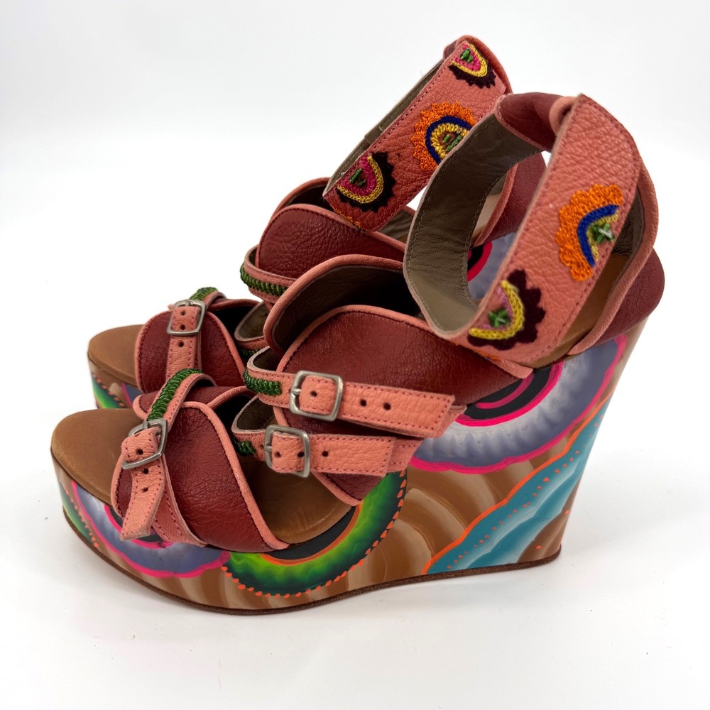 Meher Kakalia EU 40 Hand Painted Platform Wedge Sandals Embroidered Leather Boho - Picture 2 of 9